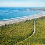 A breathtaking aerial perspective of Highway 4 / Pacific Rim Highway, winding through Pacific Rim National Park Reserve on the way to Tofino.