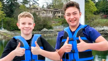 Liam Pope-Lau and Fraser Tuck wearing their invention.