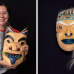 Ts'ima'anta 'ol smmaay (bear likes blueberries) being held on the left. Baa’lax (Reincarnate) on the right.