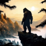 Sasquatch silhouette standing on cliff ledge