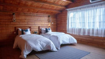 wooden bed and breakfast room with two large beds next to a window
