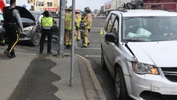 Two vehicles sustain damages in a 2024 car accident in downtown Prince Rupert.